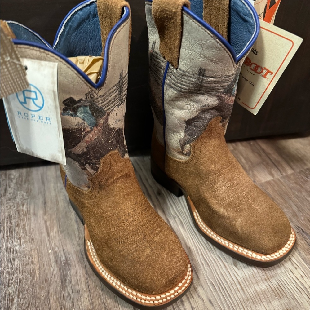 Roper Brown Suede Kids Cowboy Boots with Printed Shaft and Blue Trim